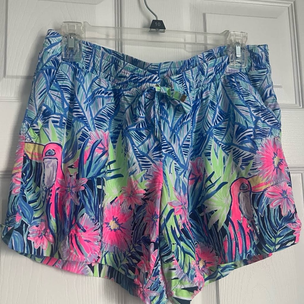 Lilly Pulitzer “Let’s Mango” Colorful Tropical Print Shorts with Parrot Design